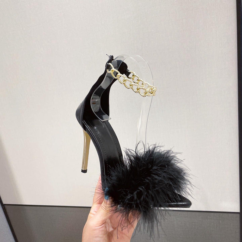 Chain Fur Stiletto Heel Sandals