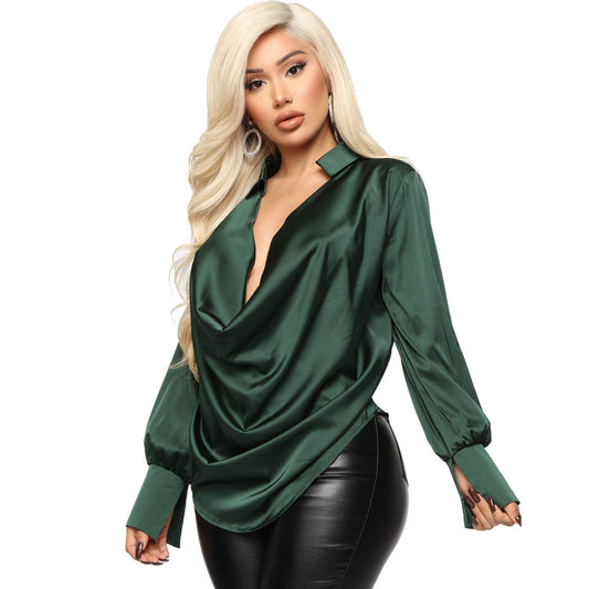 Sexy Long-sleeved Deep V-neck Satin Top