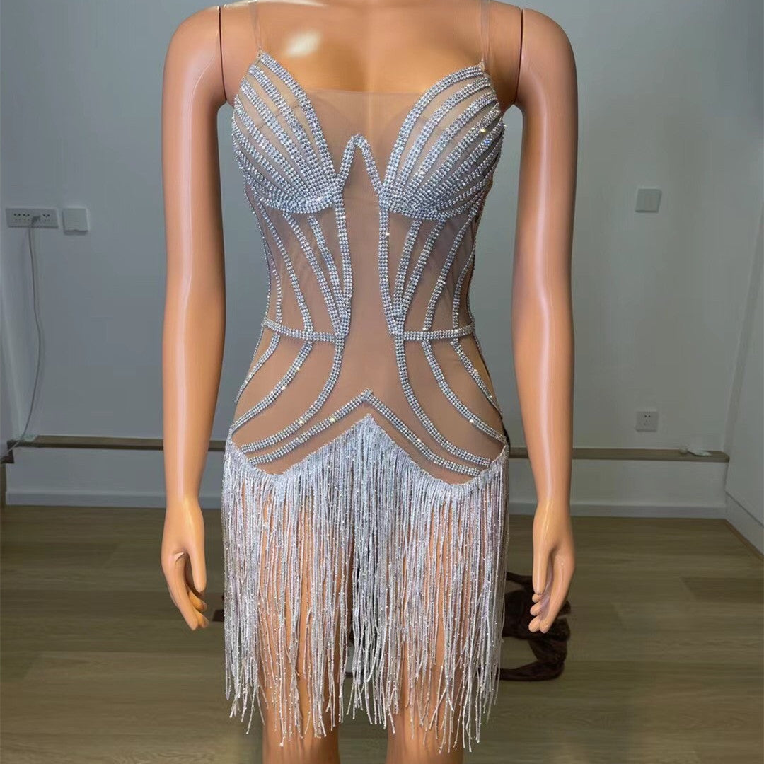 Full Diamonds Tassels See-through Mesh Dress