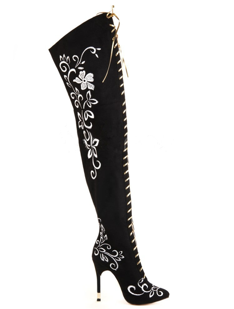 Elegant Embroidered Over The Knee Zip-up Stiletto Heel