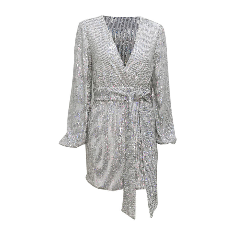 Sequined Silver Solid Color Light Luxury Loose Dress