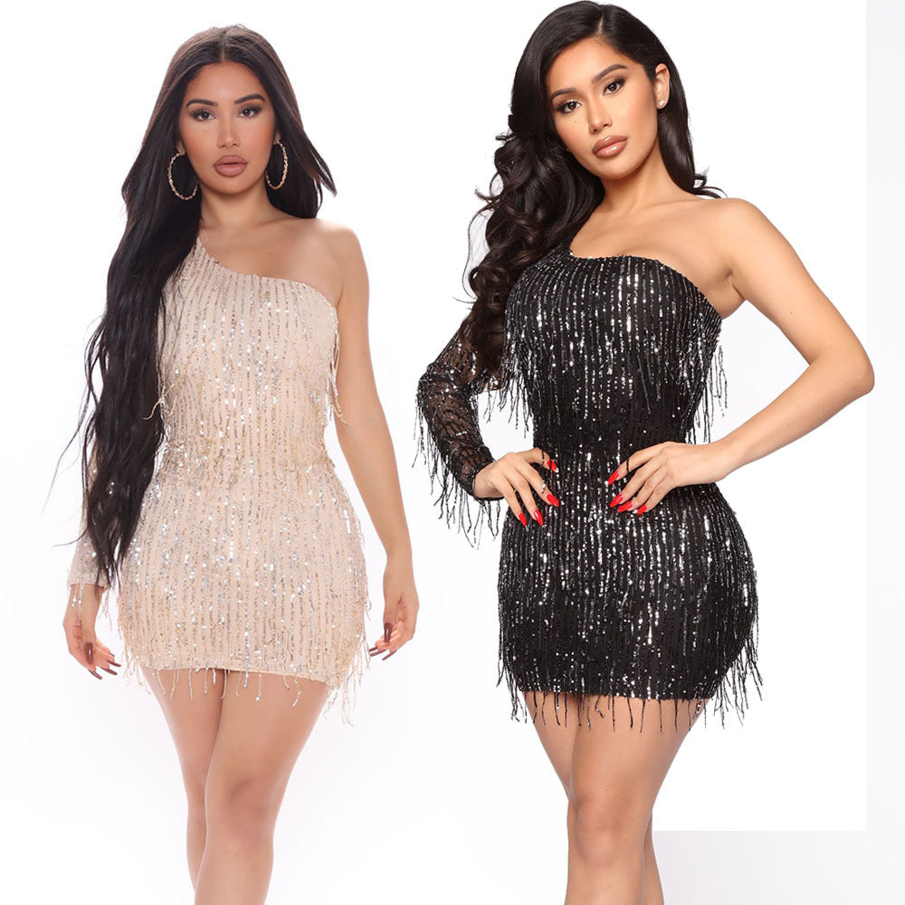 One-shoulder Sequined Fringed Dress