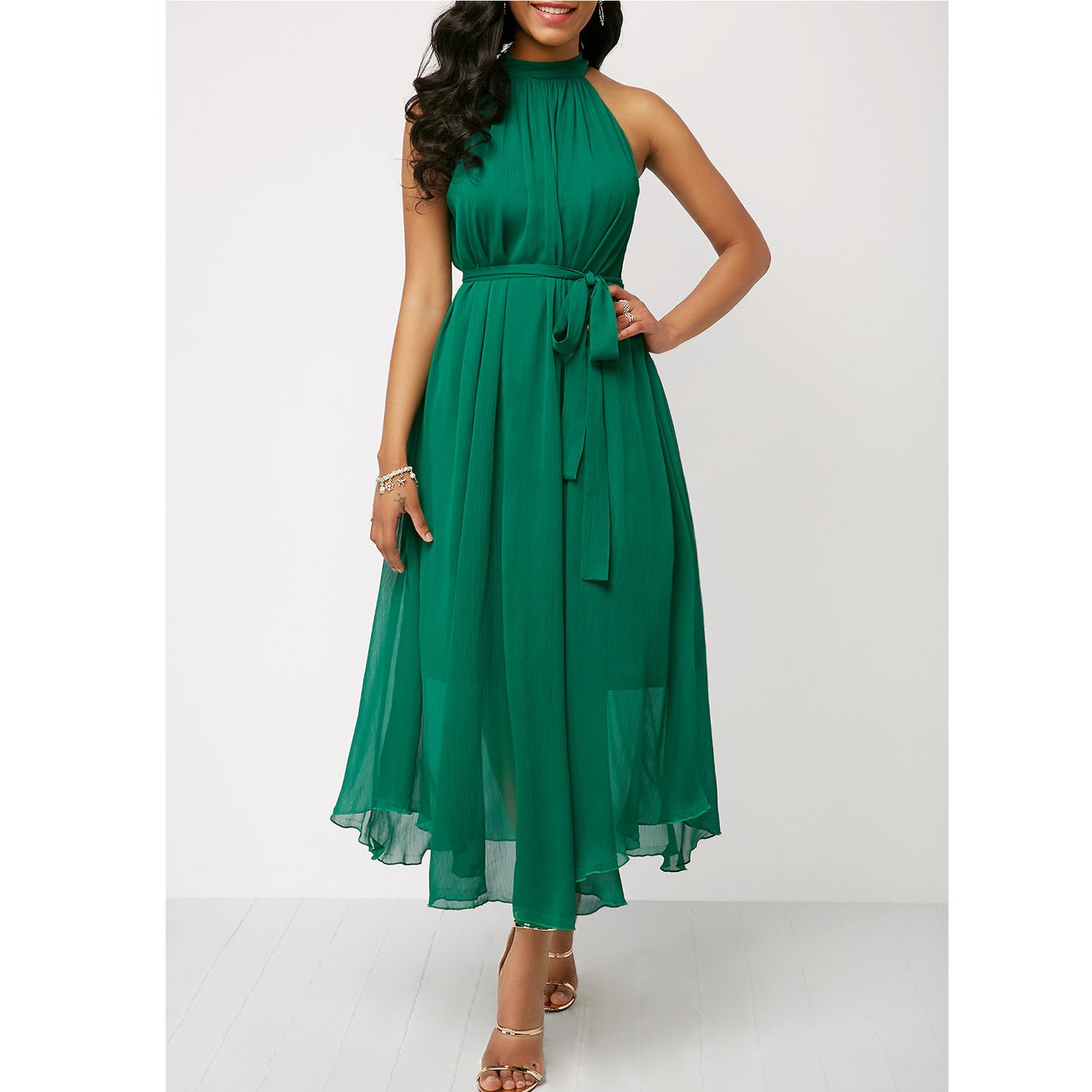 Halt Neck Chiffon Pleated Dress