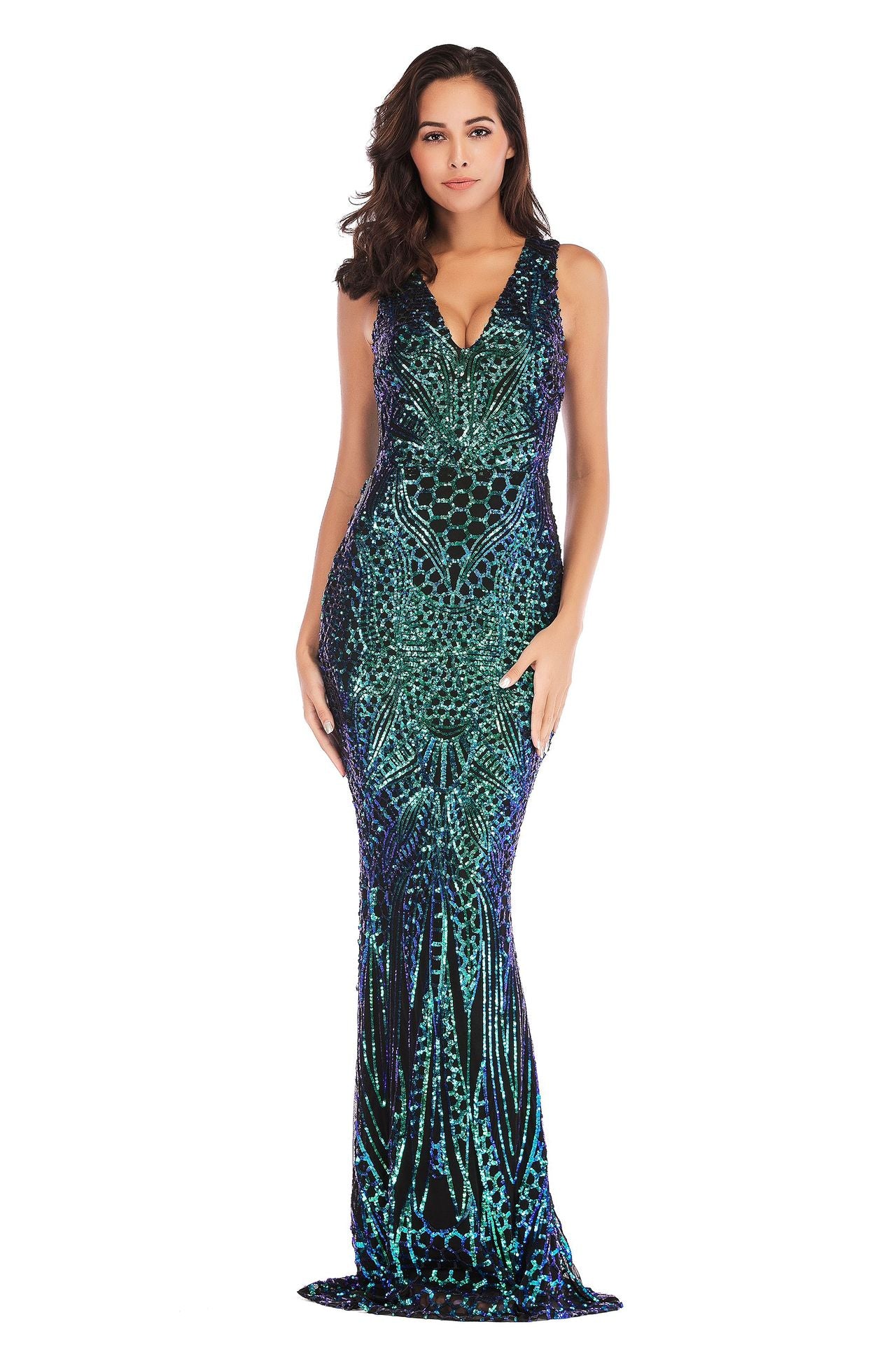 Deep V Neck Dress Symphony Sequins Long Floor Dress