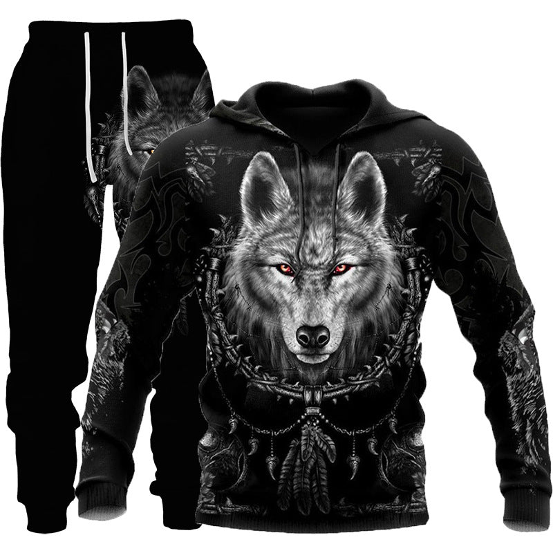 3D Wolf Print Tracksuit Hooded Two Piece Set