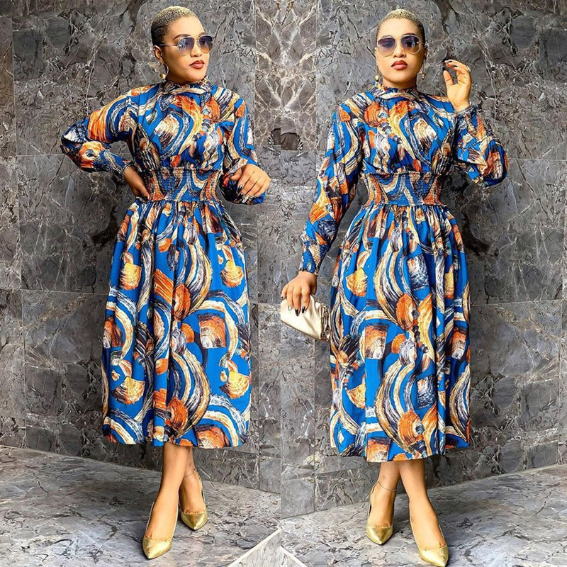 Women Printed Lapel Long Sleeve Dress